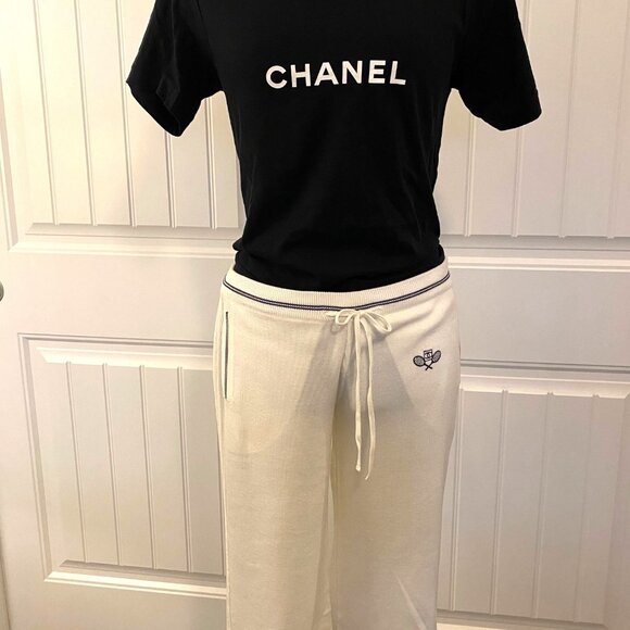 Chanel White Cotton Knit Drawstring Pants with CC Tennis Logo - Picture 2 of 9